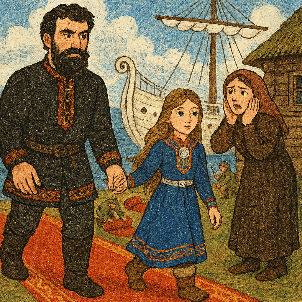 Чужеземец ведет саамскую девушку по красному ковру к белому кораблю, мать плачет у вежи.