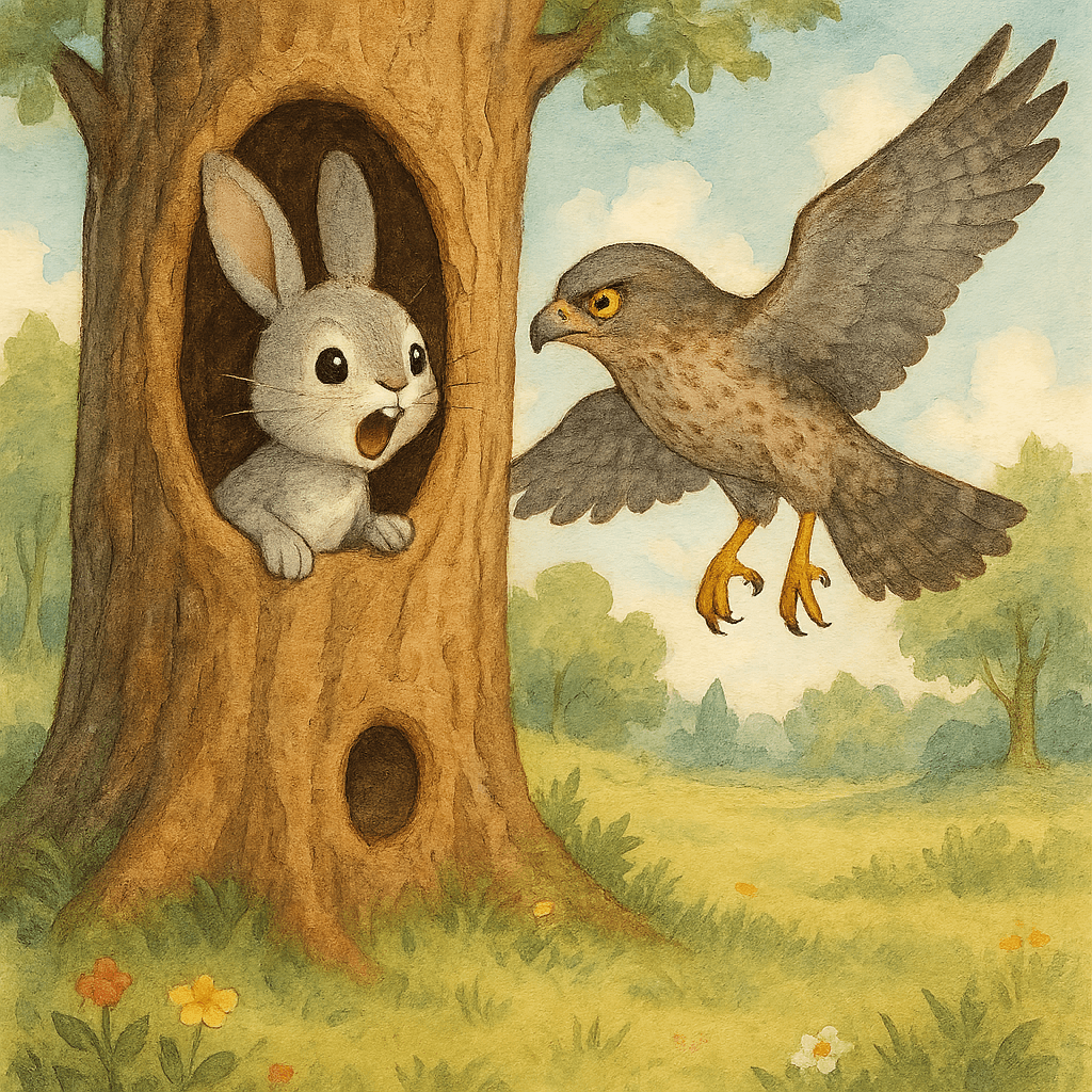 Братец Кролик уходит из дупла; а Братец Сарыч бросается за белкой.