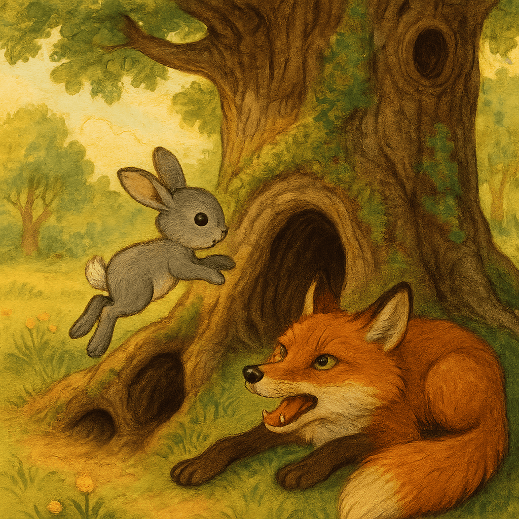 Братец Кролик скрывается в дупле; Лис опустился у дерева.
