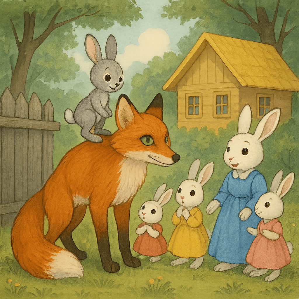 Братец Кролик на Лисе у дома Матушки Мидоус, девочки-кролики играют рядом.