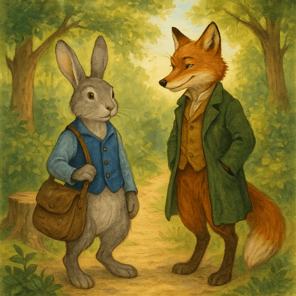 Братец Кролик и Братец Лис на лесной дорожке, Кролик держит большую охотничью сумку, вокруг пенёк и кусты, солнечный свет пробивается сквозь листву. Сказочный стиль иллюстрации для обложки истории.