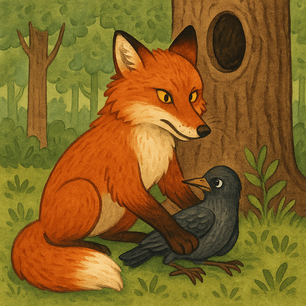 Братец Лис держит Братца Сарыча возле дерева на земле