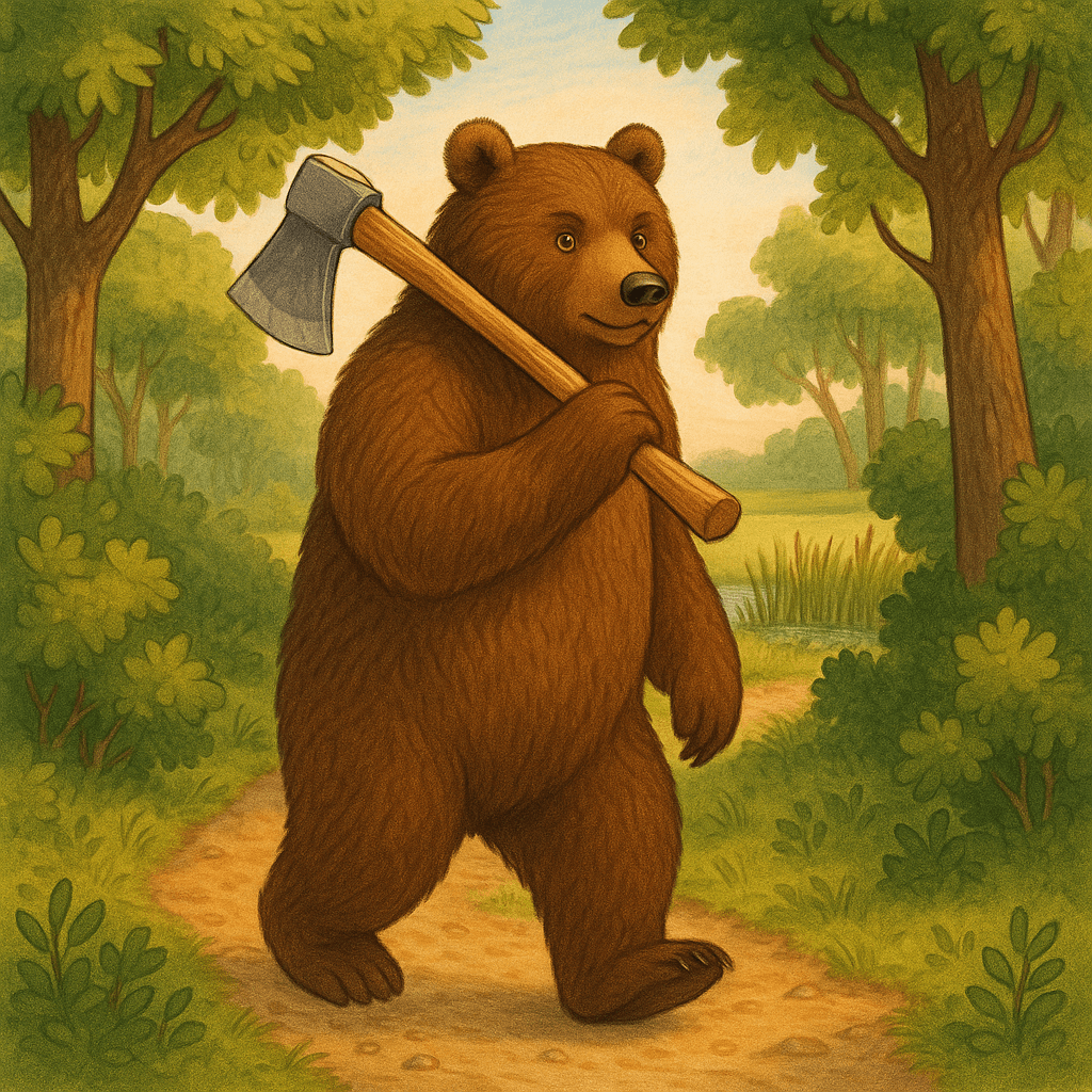 Братец Медведь идёт по лесной дороге с топором