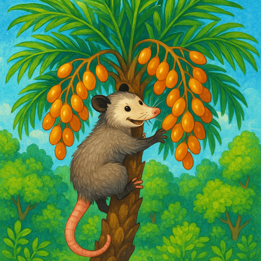 Братец Опоссум забирается на высокое финиковое дерево