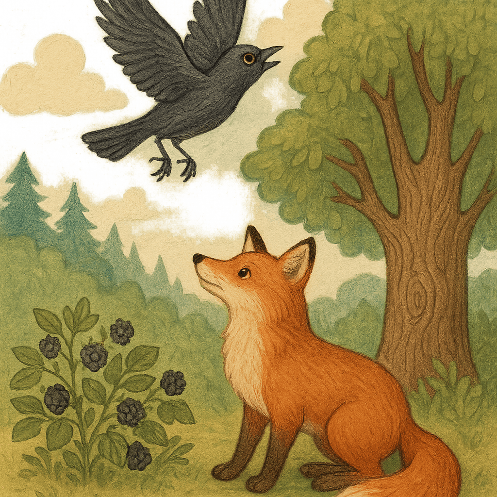 Братец Сарыч взмывает в небо, а Лис сердито смотрит ему вслед