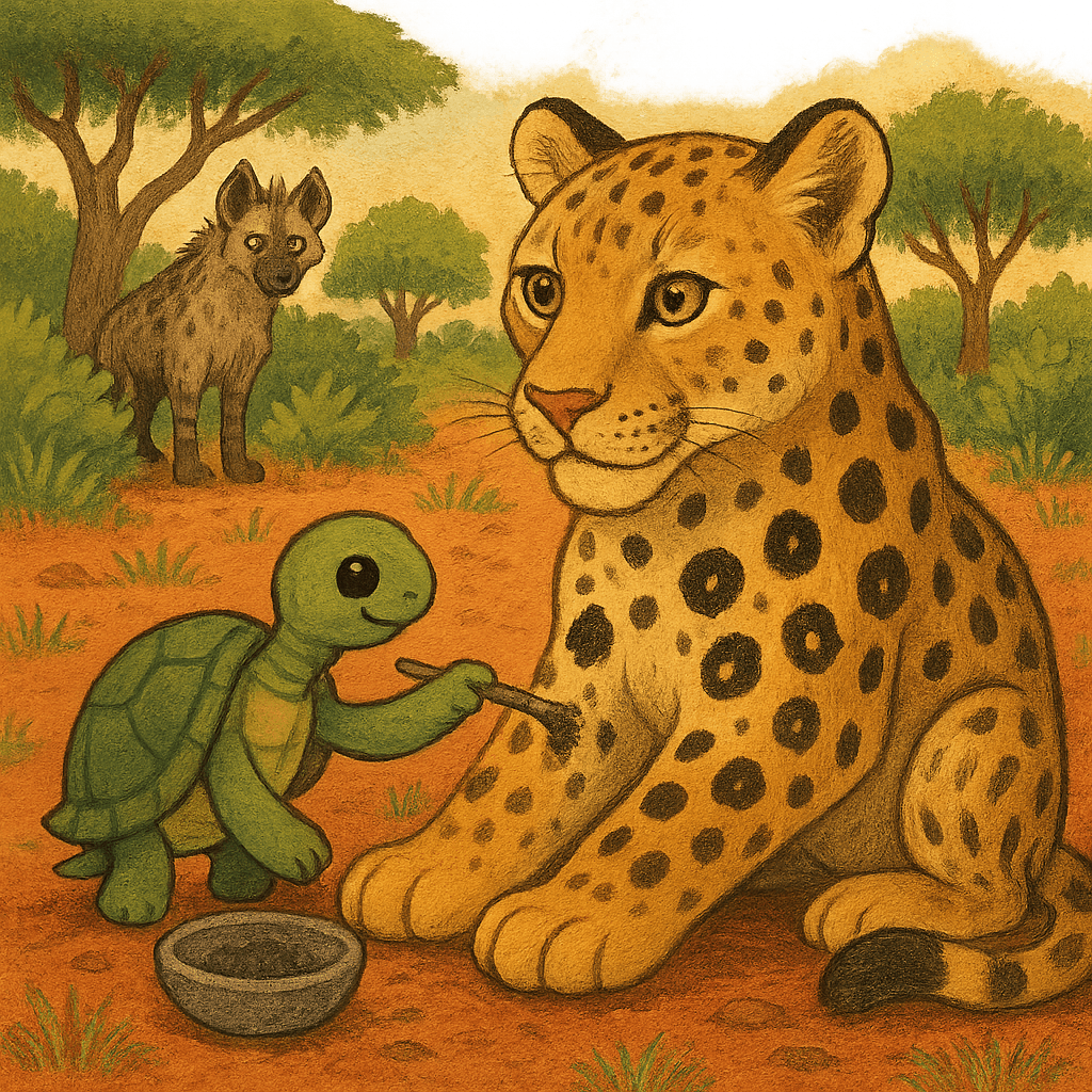 Черепаха рисует пятна на шкуре леопарда, гиена наблюдает издалека.