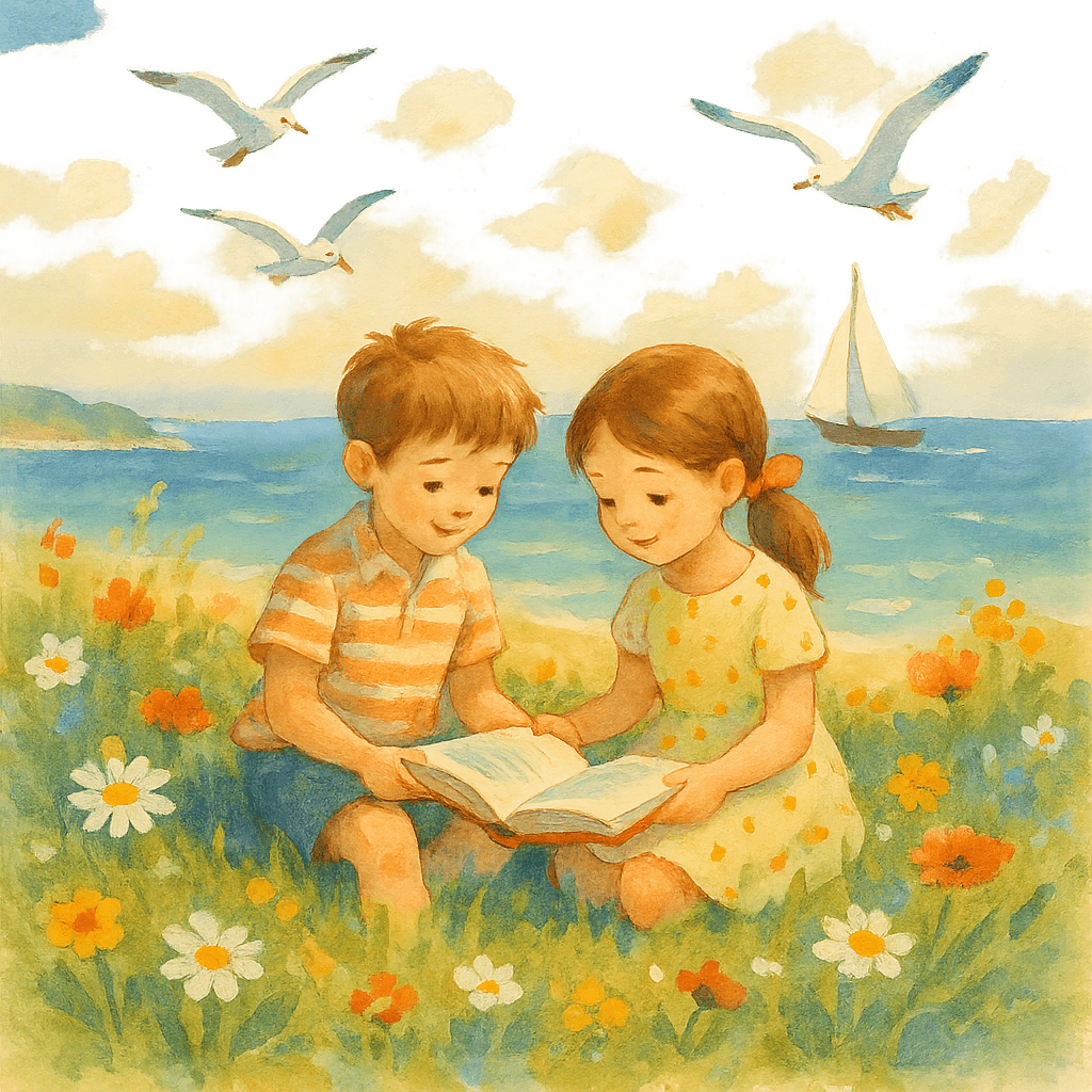 Солнечная поляна у моря, мальчик и девочка с книгой, цветы, чайки и парусник. Иллюстрация для категории «Сказки Валентина Катаева».