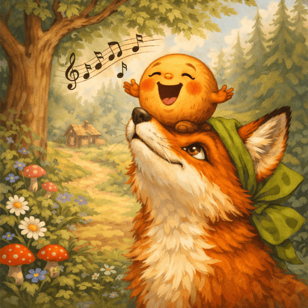 Лиса с высунутым языком ловит Колобка, который прыгает на ее мордочку