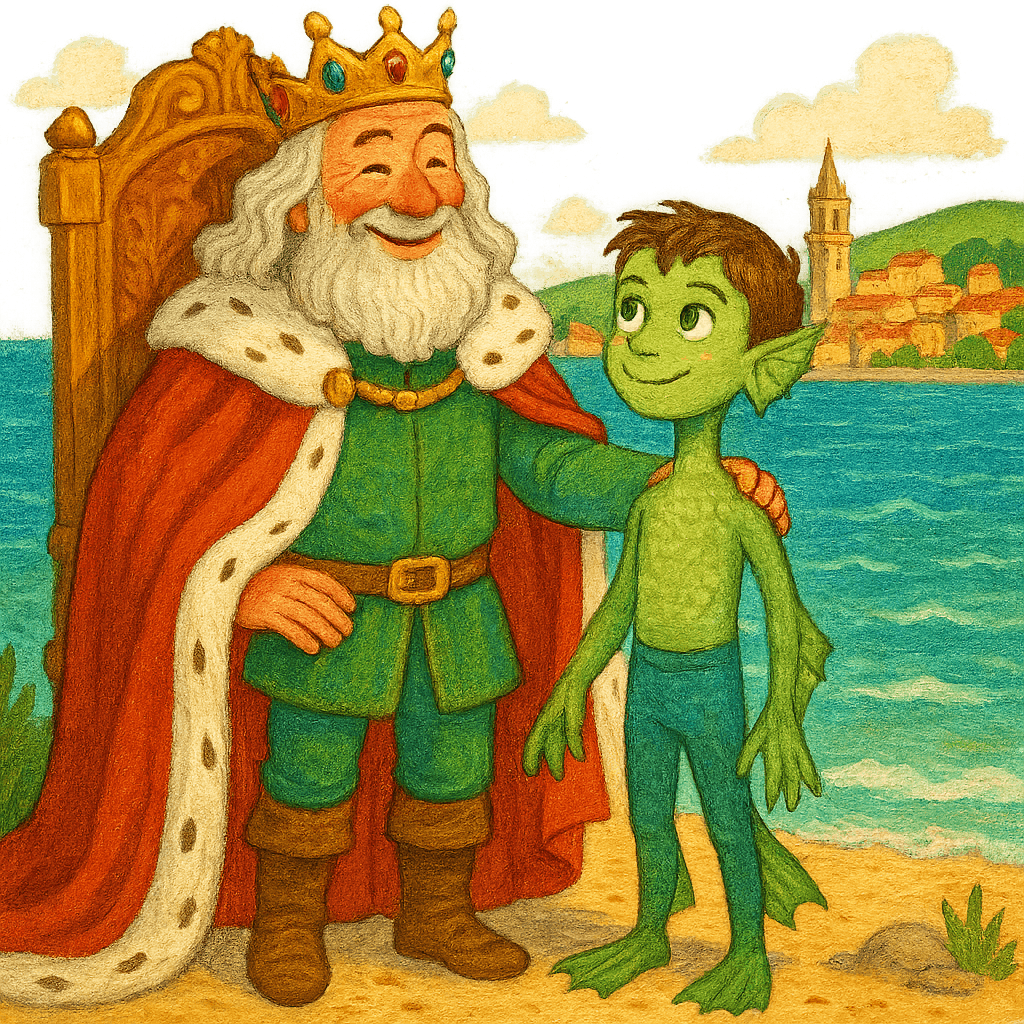 Кола и король разговаривают на берегу моря у дворца.