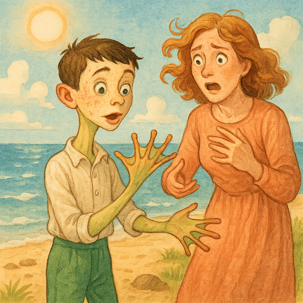 Кола превращается в человека-рыбу, у него перепонки и длинная шея.