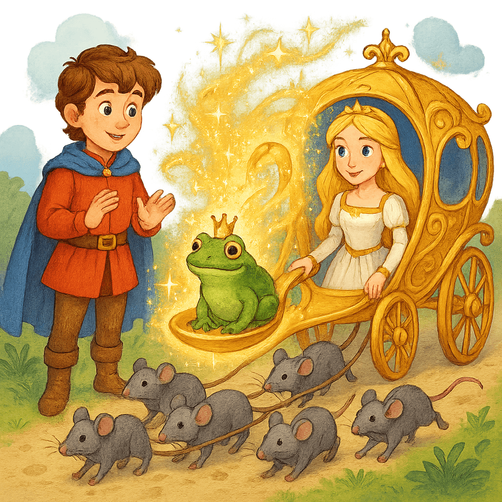 Жаба волшебным образом превращается в прекрасную королевну, мыши — в лошадей, а ложка — в карету.