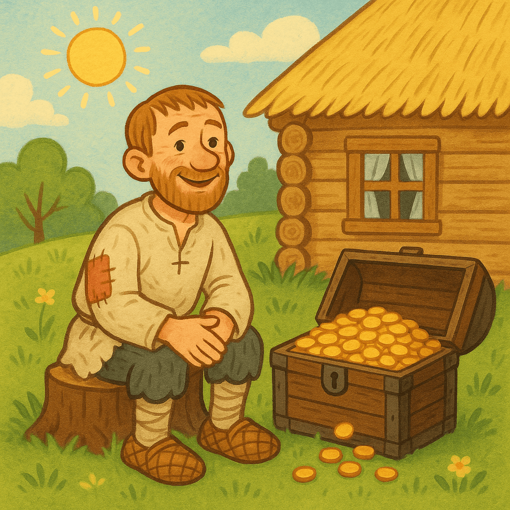 Мужик у своего дома с сундуком золота