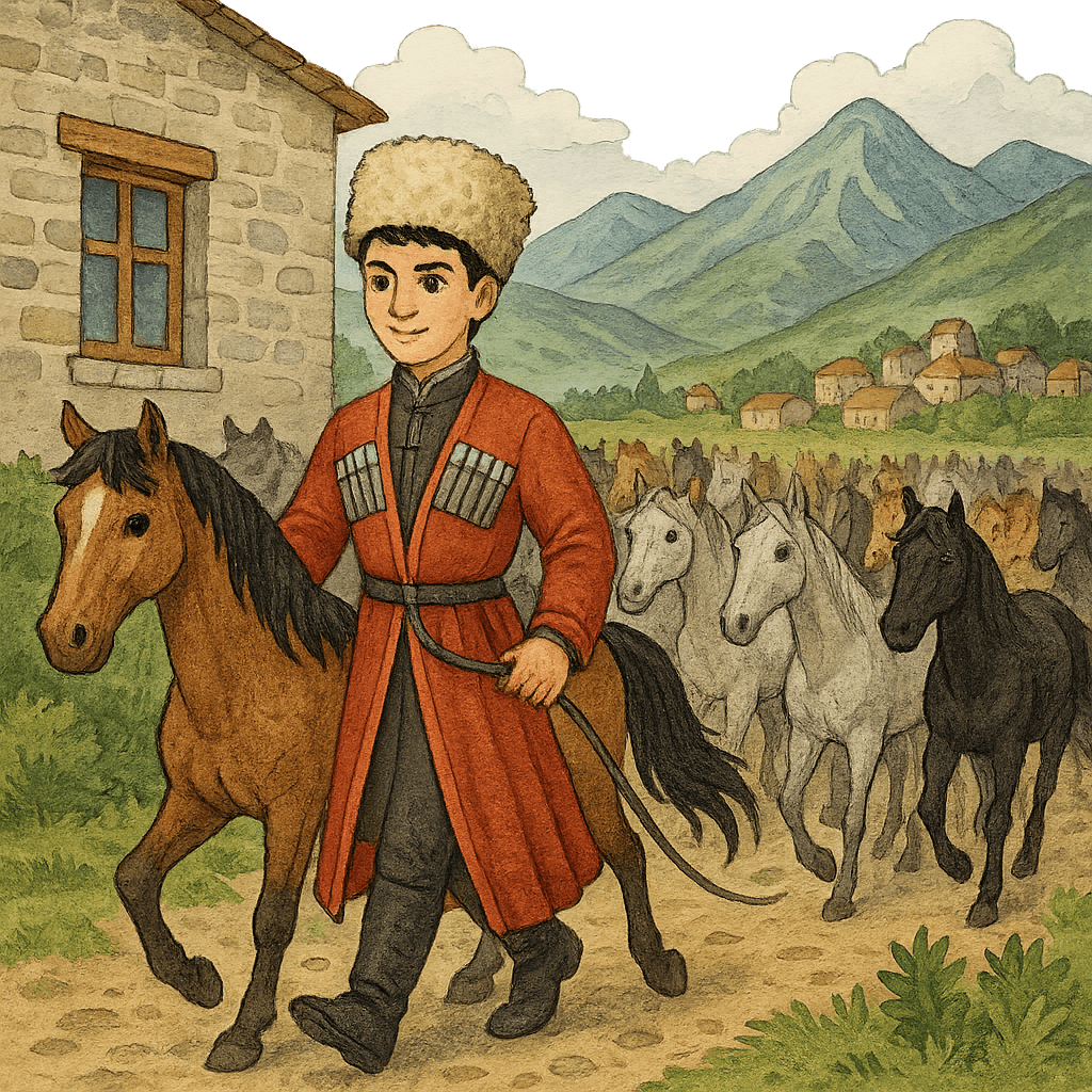 Первый джигит с табуном лошадей у дома