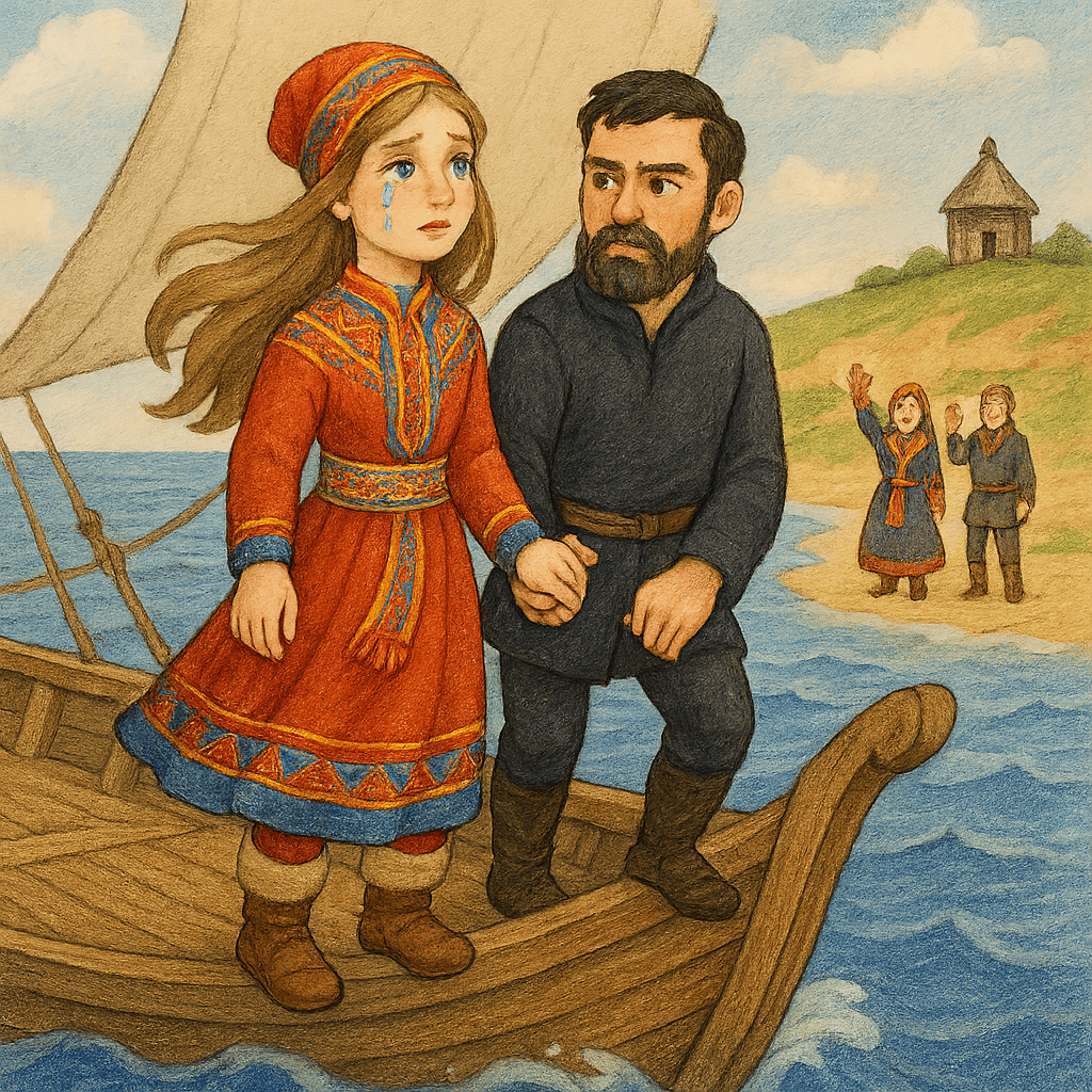 Девушка на носу корабля плачет вдали виден родной северный берег и родители на берегу.