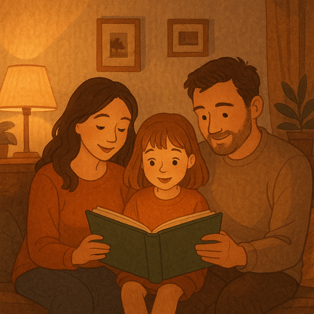 Семейное чтение вечером: родители читают книгу ребёнку в уютной комнате