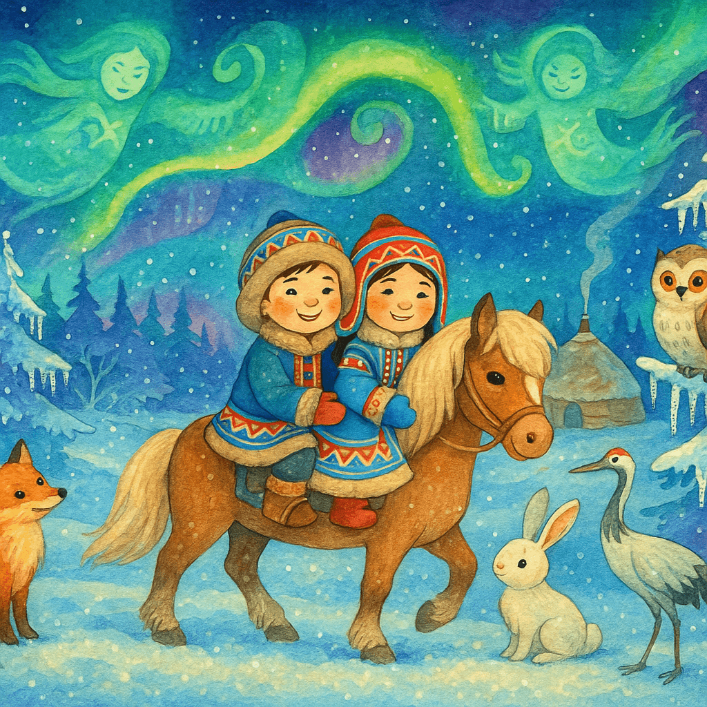 Дети на якутской лошадке под северным сиянием