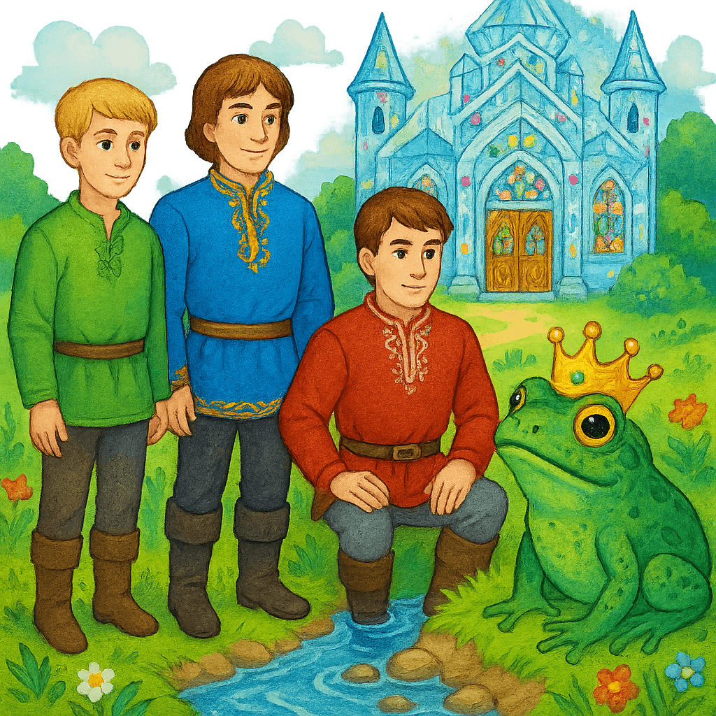 Три брата-королевича у ручья рядом с большой изумрудной жабой и сказочным хрустальным дворцом.