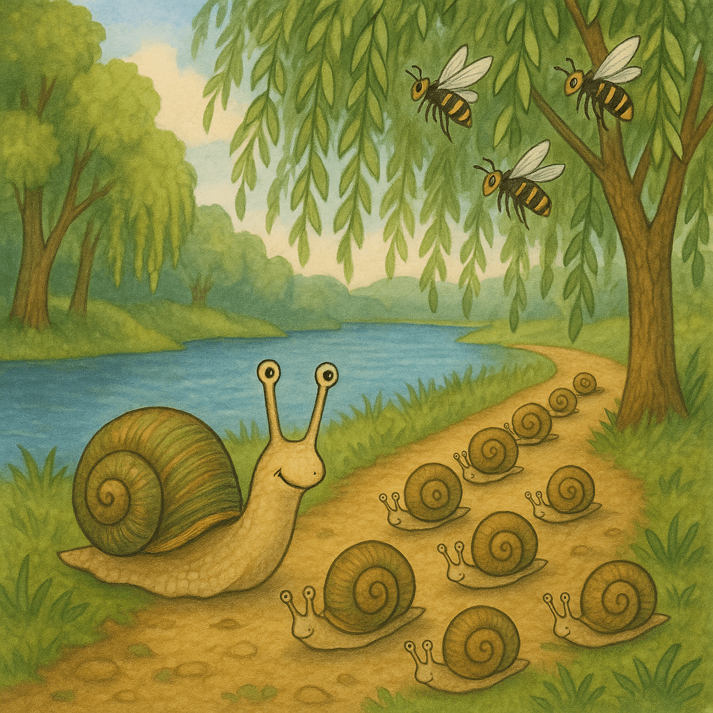 Улитки вдоль дорожки, осы на ветках у реки