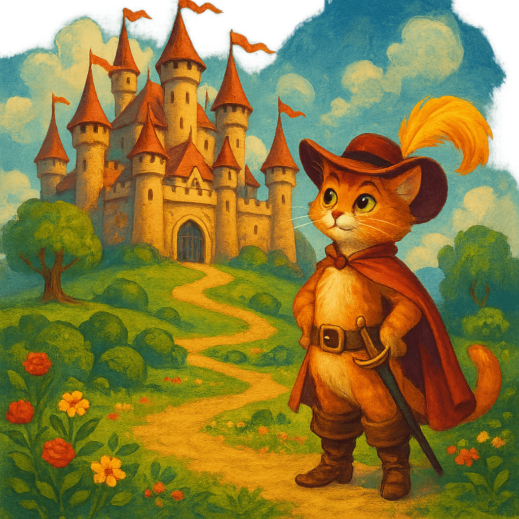 Кот в сапогах подходит к замку Людоеда