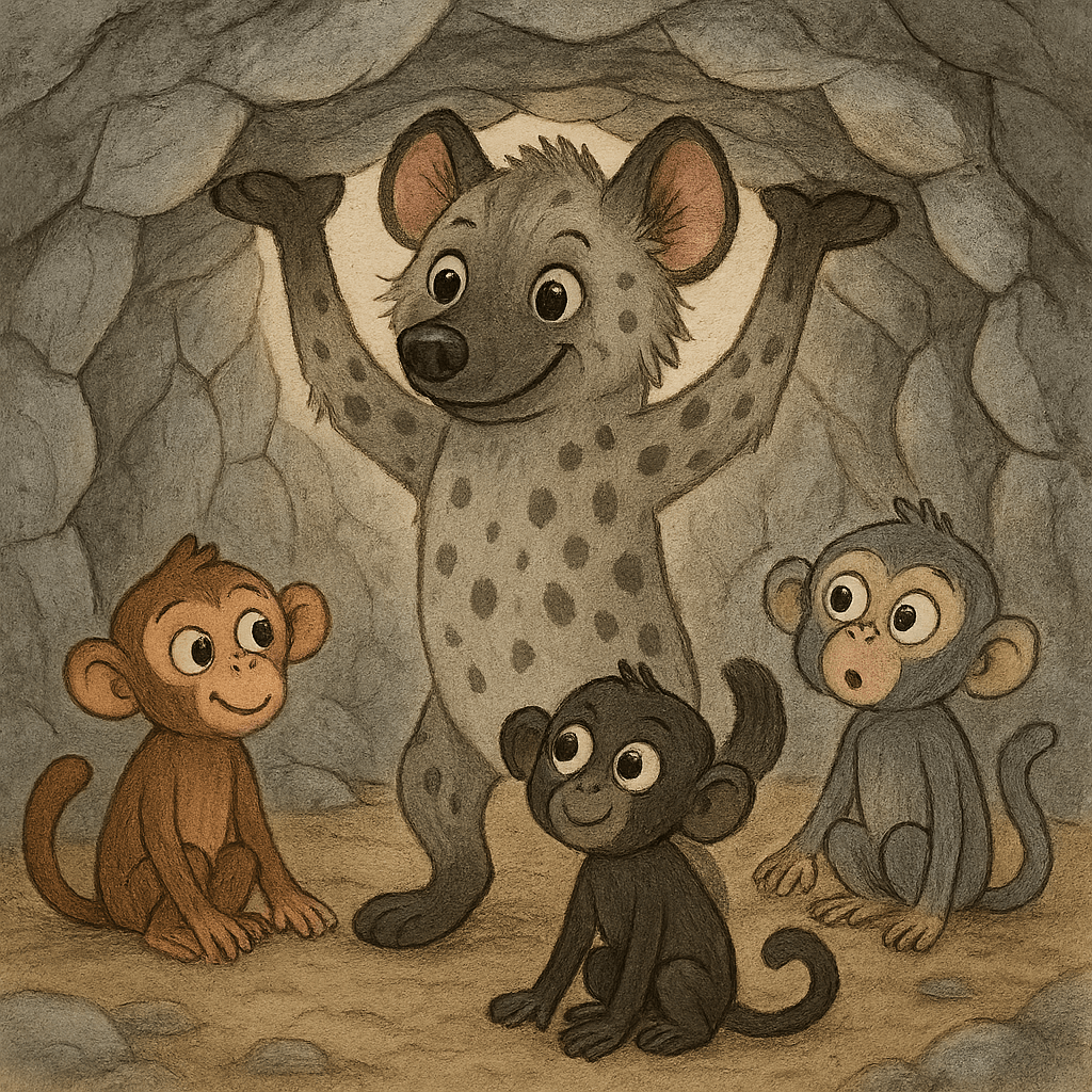Гиена держит потолок, обезьяны смотрят на неё удивлённо