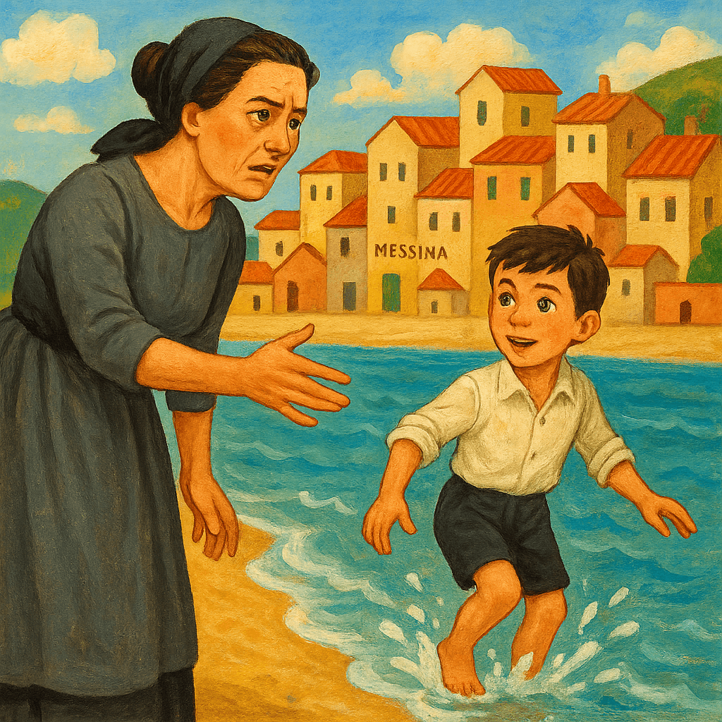 Мать зовёт Колу выйти из моря, Кола плещется у воды, на фоне город.